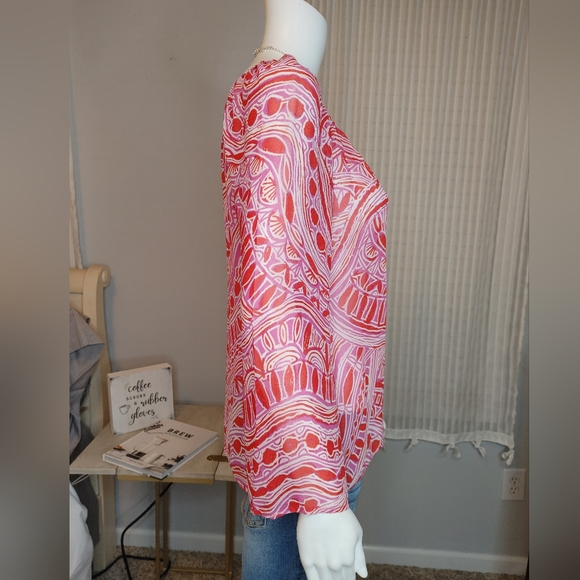 TRINA TURK Red/Magenta-Pink/White Silk Print Keyhole See-Through Blouse S - Picture 7 of 12